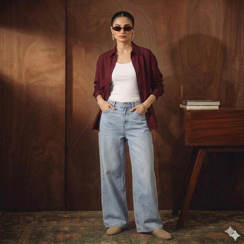 BUTTON DOWN SHIRT WITH INNER & WIDE LEG JEANS