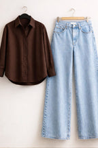BROWN BUTTON DOWN SHIRT WITH ICEBLUE WIDE LEG JEANS