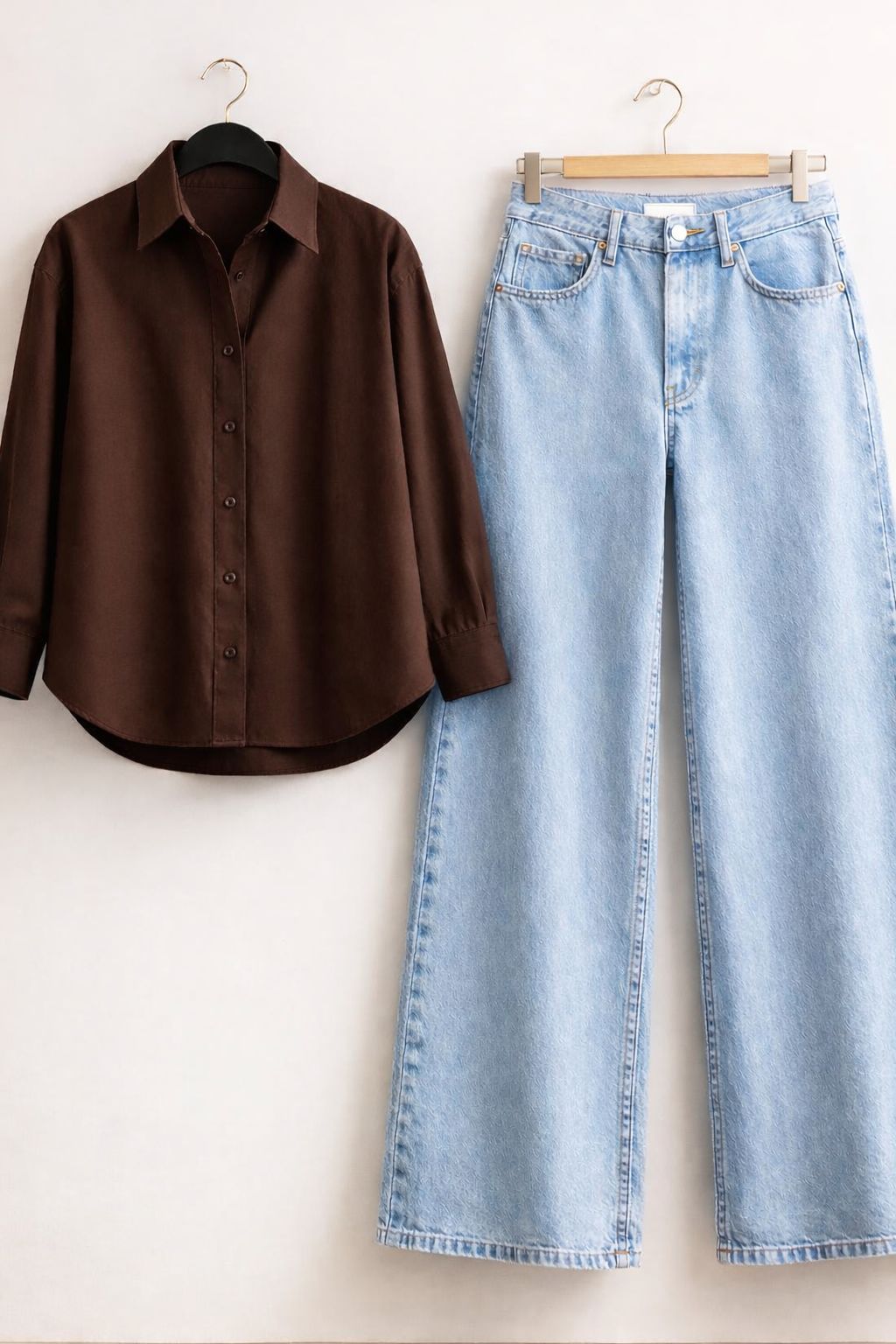 BROWN BUTTON DOWN SHIRT WITH ICEBLUE WIDE LEG JEANS
