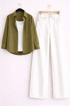 OLIVE GREEN BUTTON DOWN SHIRT WITH INNER & WHITE WIDE LEG JEANS