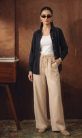BLACK BUTTON DOWN SHIRT WITH WHITE INNER & BEIGE FLAPPER TROUSER