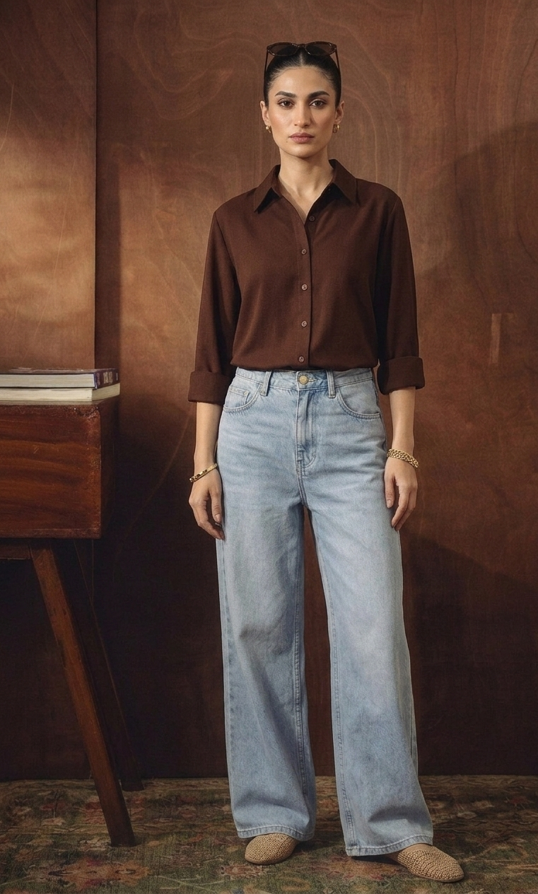 BROWN BUTTON DOWN SHIRT WITH ICEBLUE WIDE LEG JEANS