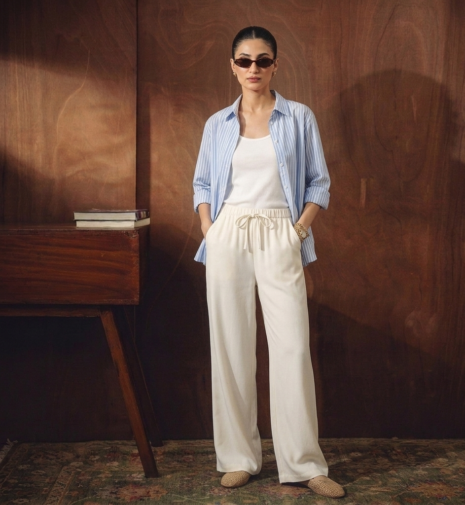 Blue Striped Button Down Shirt With Inner & White Flapper Trouser