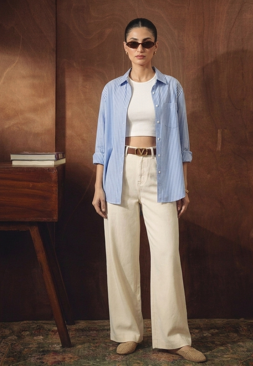 BLUE LINING BUTTON DOWN SHIRT WITH INNER & WHITE WIDE LEG JEANS