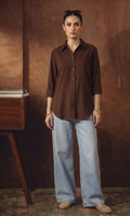 BROWN BUTTON DOWN SHIRT WITH ICEBLUE WIDE LEG JEANS