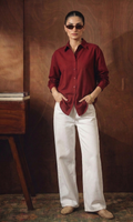 MAROON BUTTON DOWN SHIRT WITH WHITE WIDE LEG JEANS