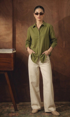 OLIVE GREEN BUTTON DOWN SHIRT WITH BEIGE WIDE LEG JEANS