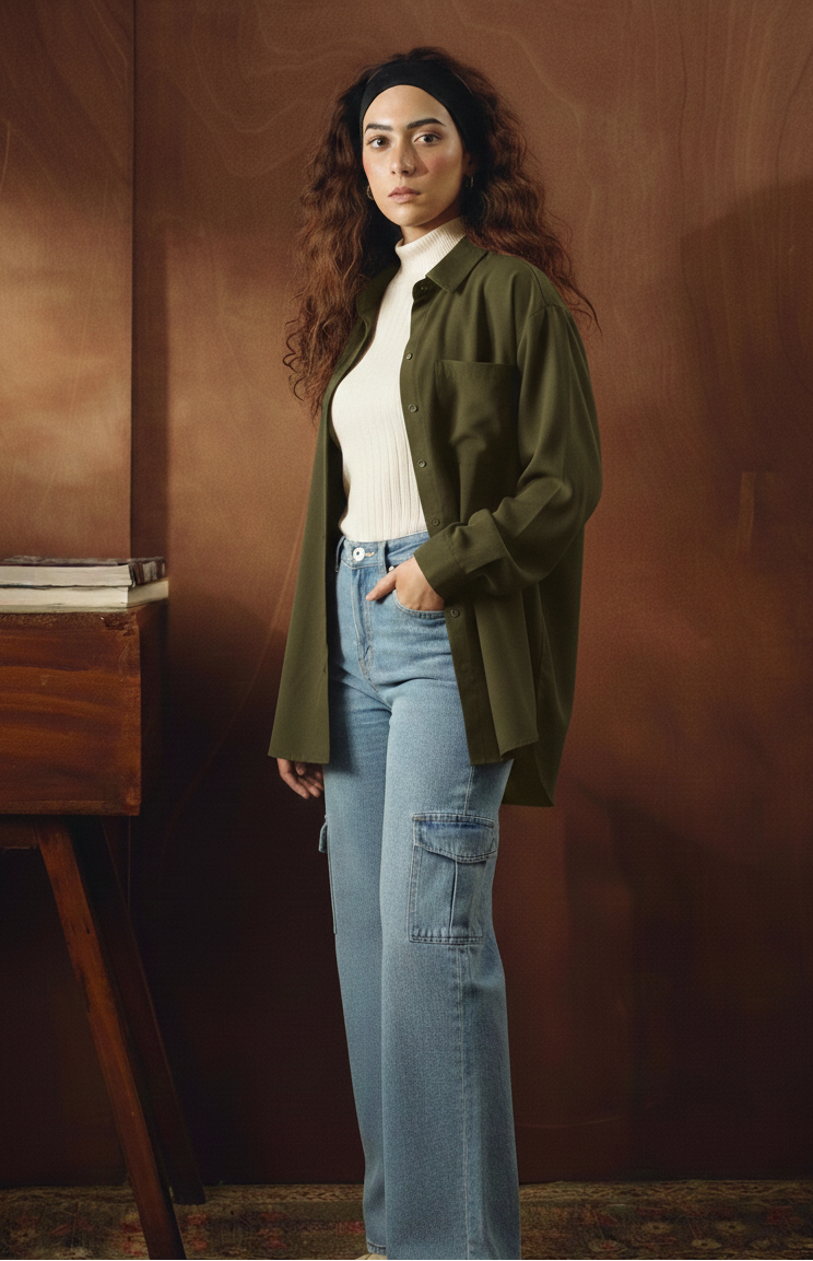 Olive-Green Button Down Shirt With Inner & Ice-Blue Cargo Jeans