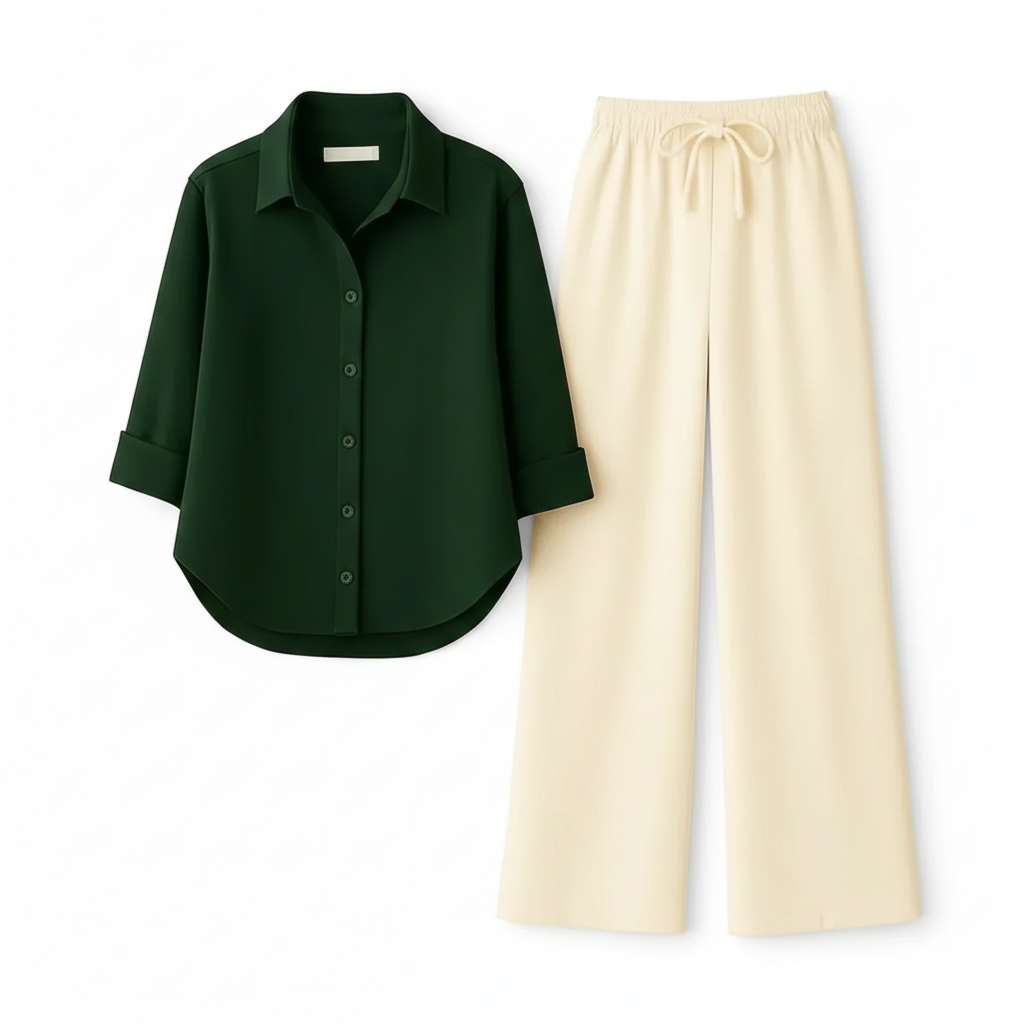 BOTTLE GREEN BUTTON DOWN SHIRT WITH BEIGE FLAPPER TROUSER