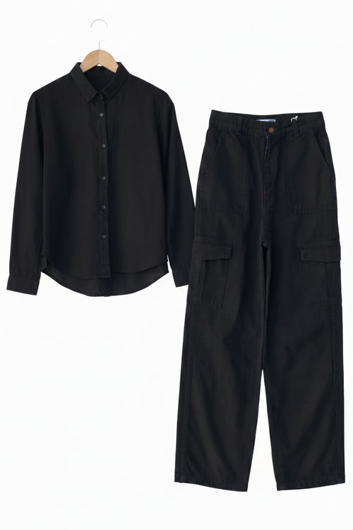 BLACK BUTTON DOWN SHIRT WITH BLACK CARGO JEANS