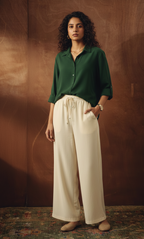 BOTTLE GREEN BUTTON DOWN SHIRT WITH BEIGE FLAPPER TROUSER