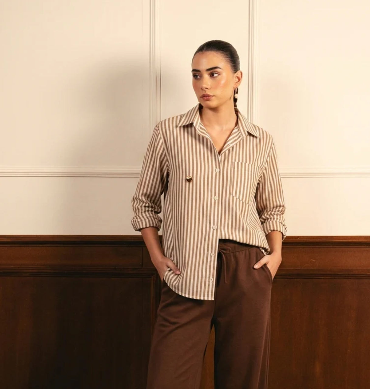 BEIGE LINING BUTTON DOWN SHIRT