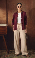 Maroon Button Down Shirt With White Inner & Beige Flapper Trouser